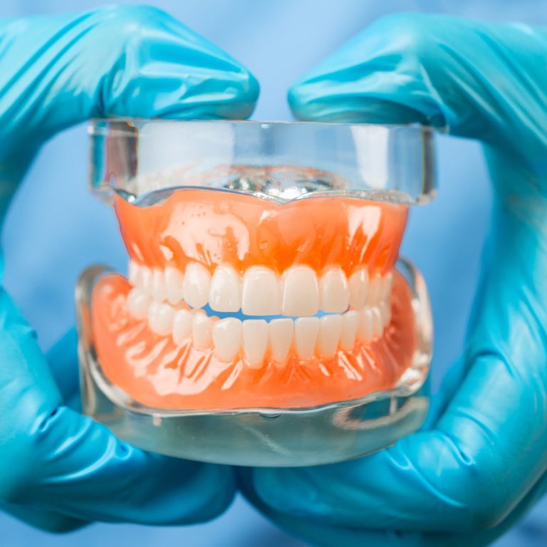Denture,,Dentist,Holding,Dental,Teeth,Model,To,Study,And,Treat