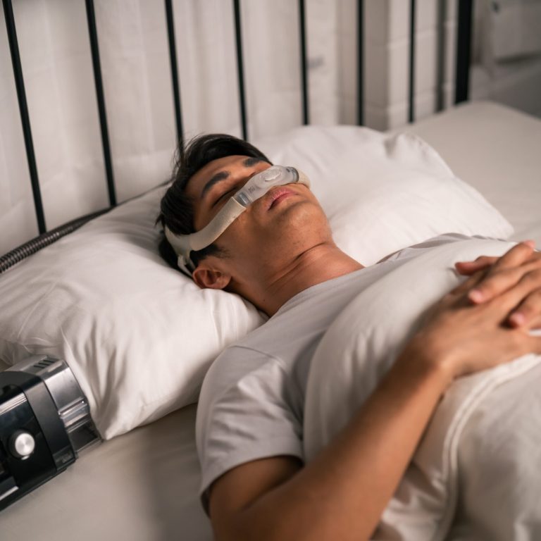 Asian,Man,Wearing,Cpap,Machine,Sleeping,Smoothly,All,Night,In